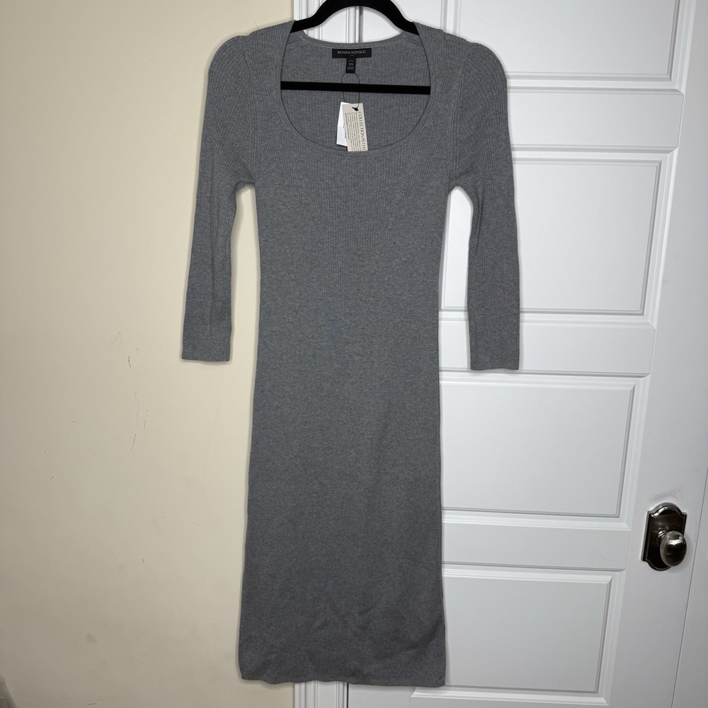 Banana Republic Scoop-Neck Midi Dress Women's X-Small Petite Grey Ribbed Knit